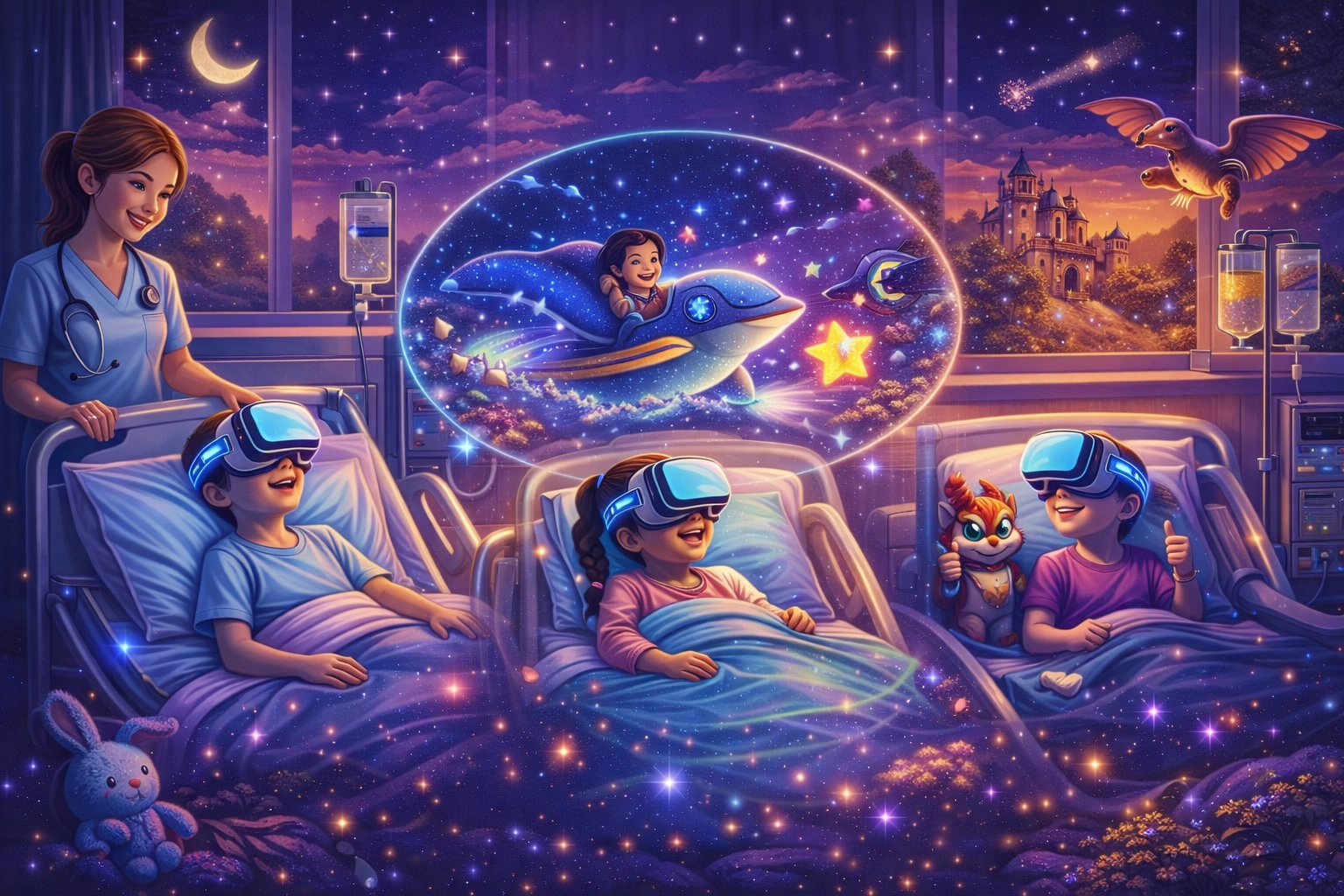 Children using VR in a hospital room
